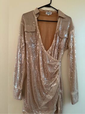 HERESS Nude Sequin Wrap Mini Dress